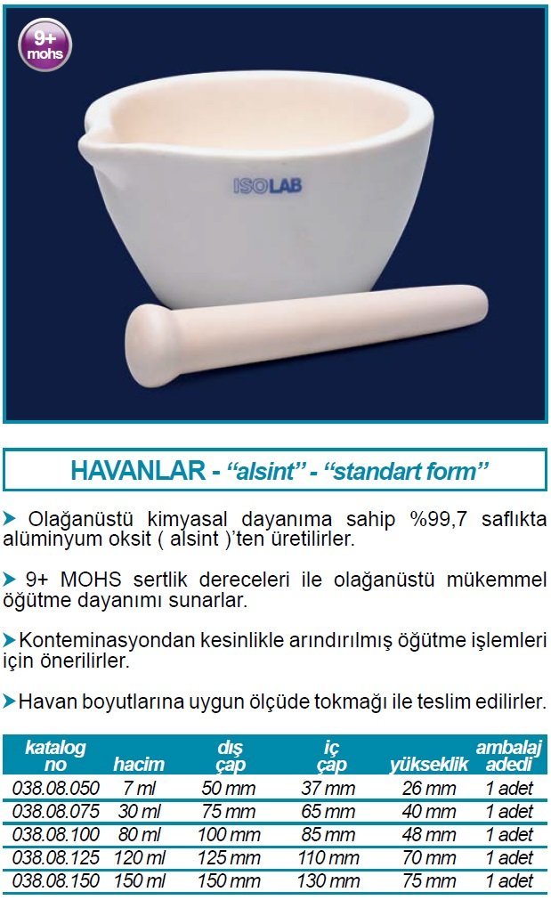 İSOLAB 038.08.050 havan alumina alsint