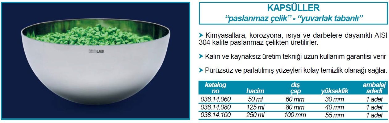 İSOLAB 038.14.060 kapsül paslanmaz çelik dibi yuvarlak