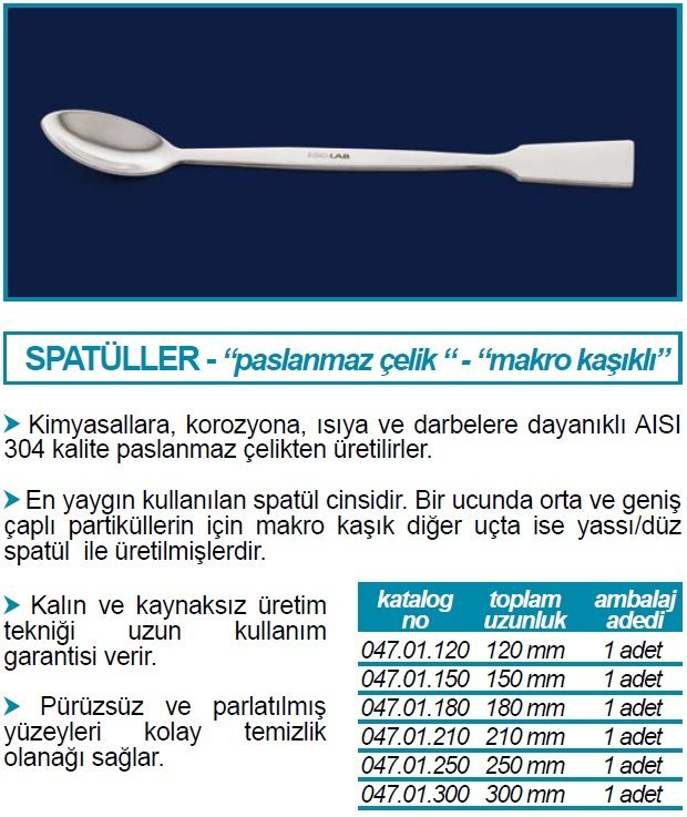 İSOLAB 047.01.120 spatül paslanmaz çelik makro kaşaklı