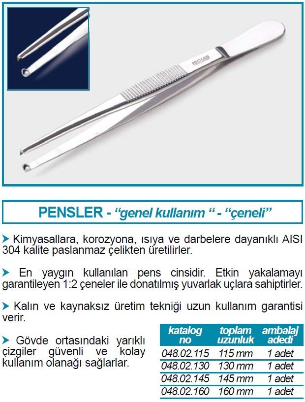 İSOLAB 048.02.115 pens genel kullanım küt uçlu düz tırtıklı